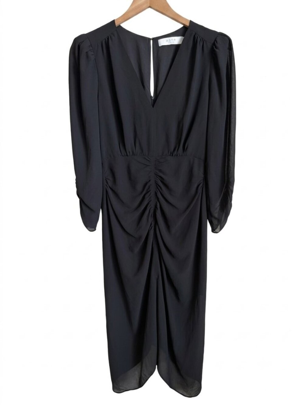 ASTR The Label Margot Dress S Black Ruched Sheer Sleeve High Low V Neck Cocktail